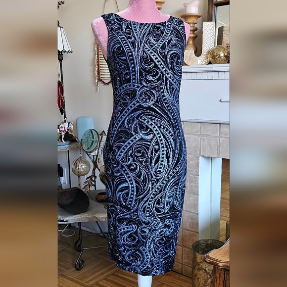 Marina bodycon dress, black with pale blue metallic design, size 4. - Picture 1 of 9